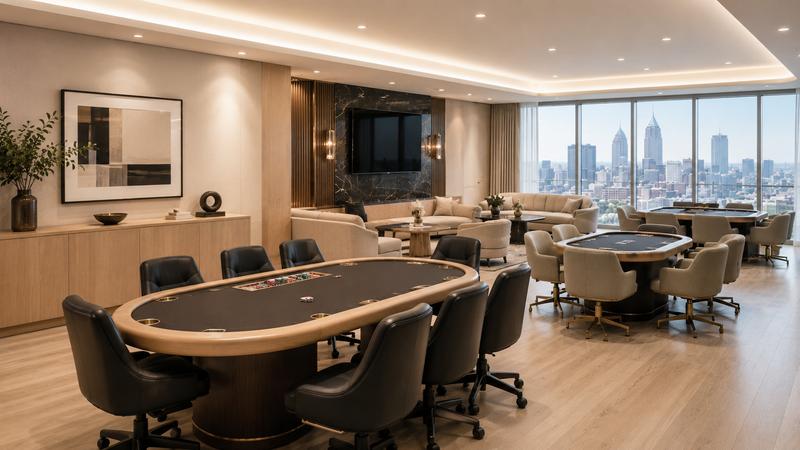 Casino floor furniture assembled including gaming tables and seating